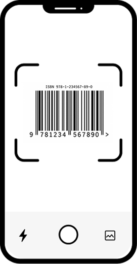 Phone illustration showing a product scanning interface with a barcode scanner and product information